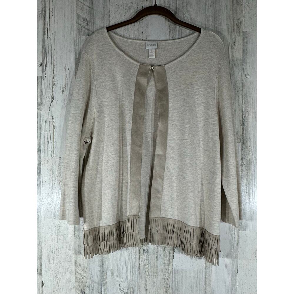 Chicos Cardigan Sweater Size 3 or XL Beige Oatmeal Faux Suede Fringe Trim